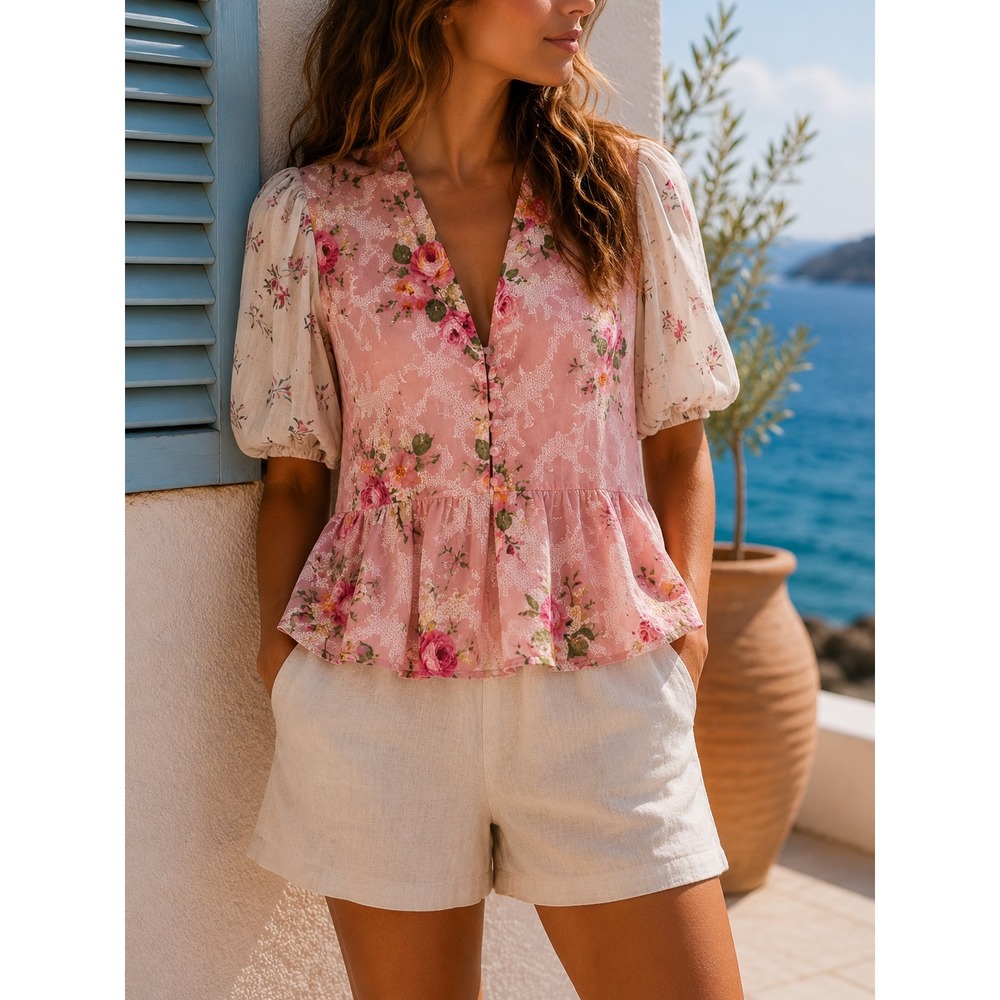 Hemant & Nandita Floral Peplum Blouse Womens Large Pink Puff Sleeve V-Neck Boho